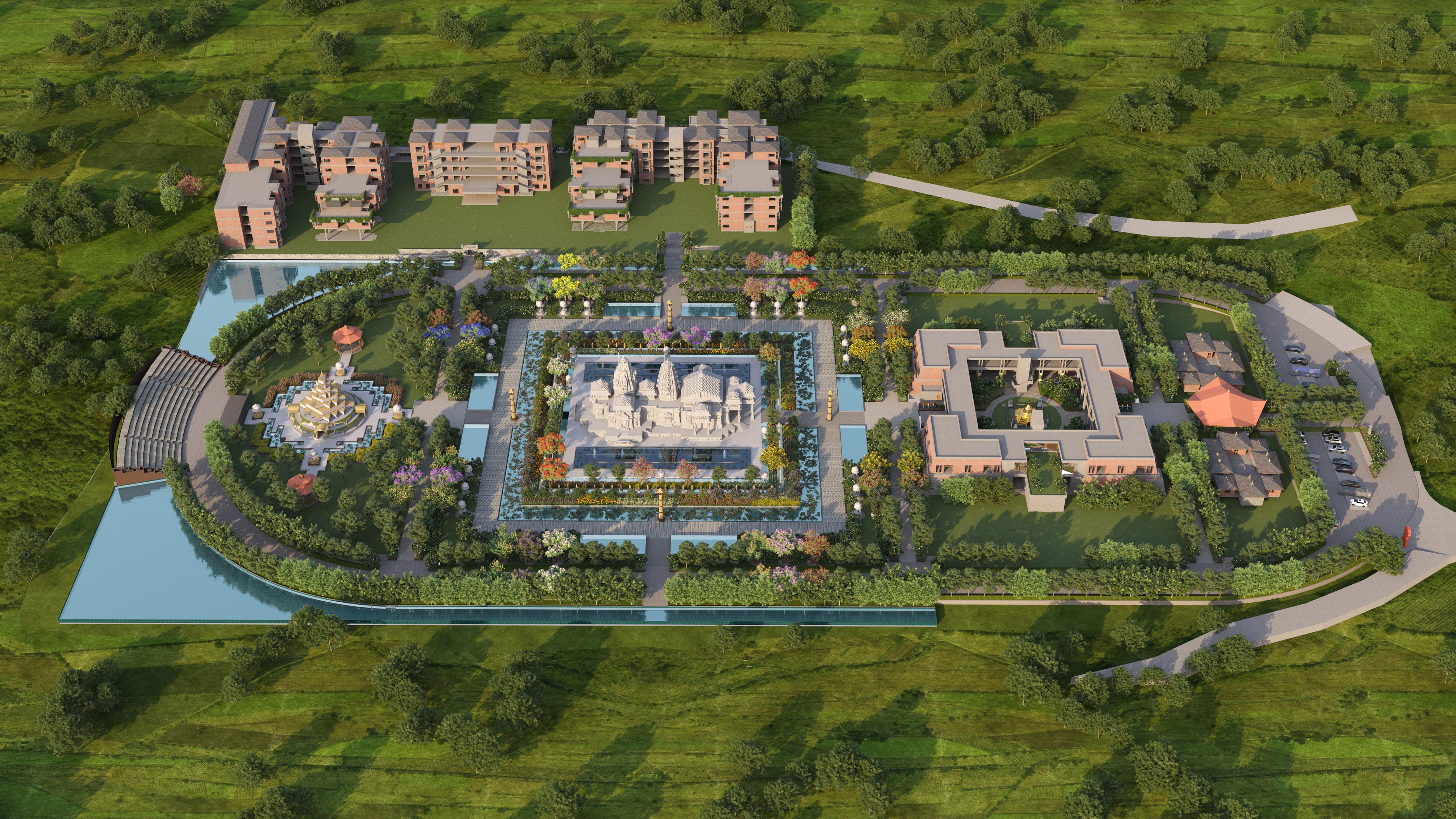 An aerial plan view of the proposed Gunayaji Tirth, showcasing a central white temple surrounded by landscaped gardens, water features, and multiple buildings. The design includes residential complexes at the back, event areas, and parking spaces on the right, with lush greenery and trees surrounding the entire site.